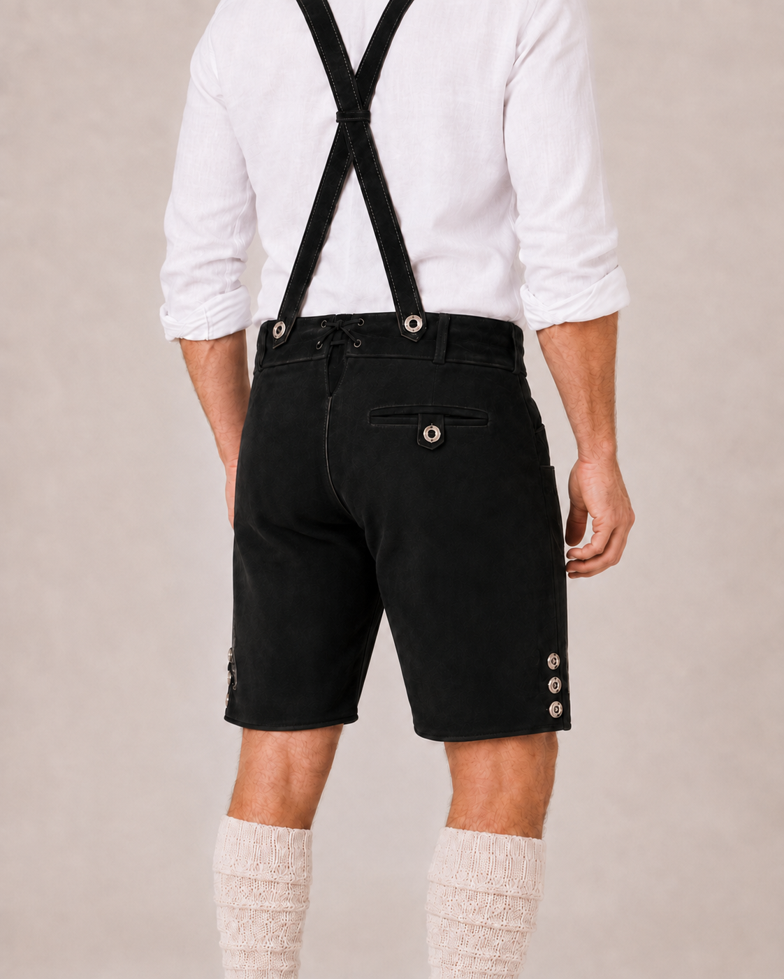 Oak Leaf Embroidered Men's Bavarian Lederhosen - Black - Side Buttons