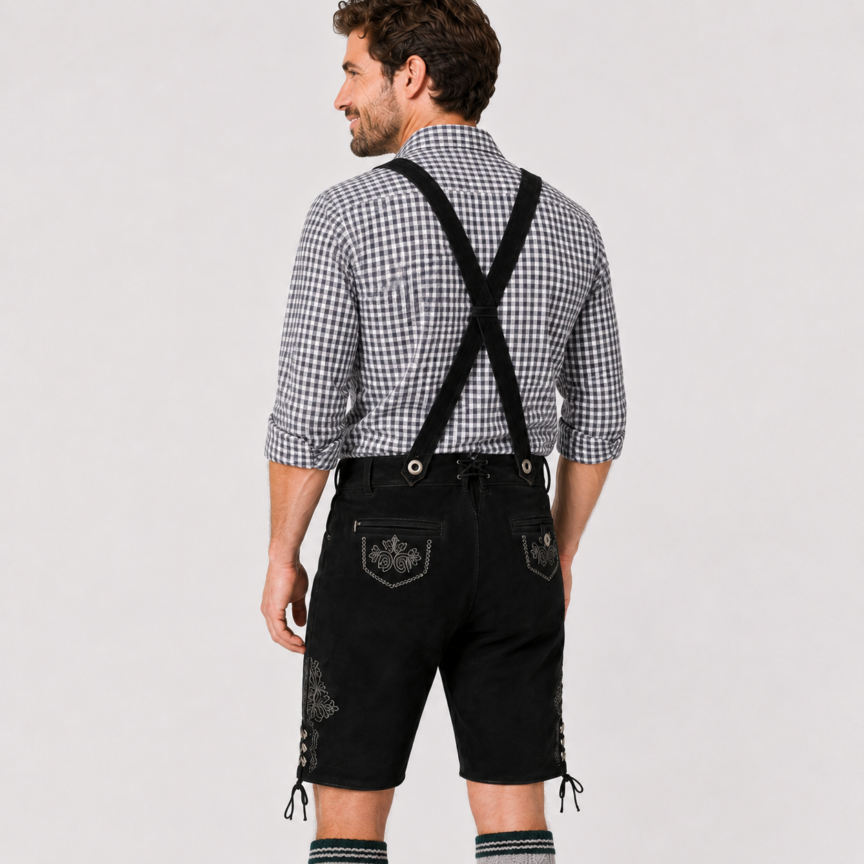 Oak Leaf Embroidered Men's Bavarian Lederhosen - Black - Side Lacing - image 8