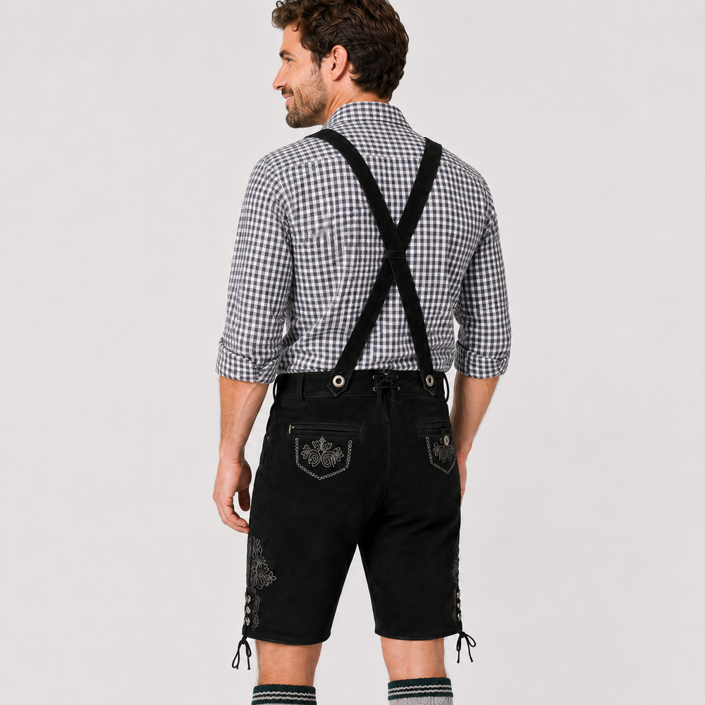 Oak Leaf Embroidered Men's Bavarian Lederhosen - Black - Side Lacing - image 8