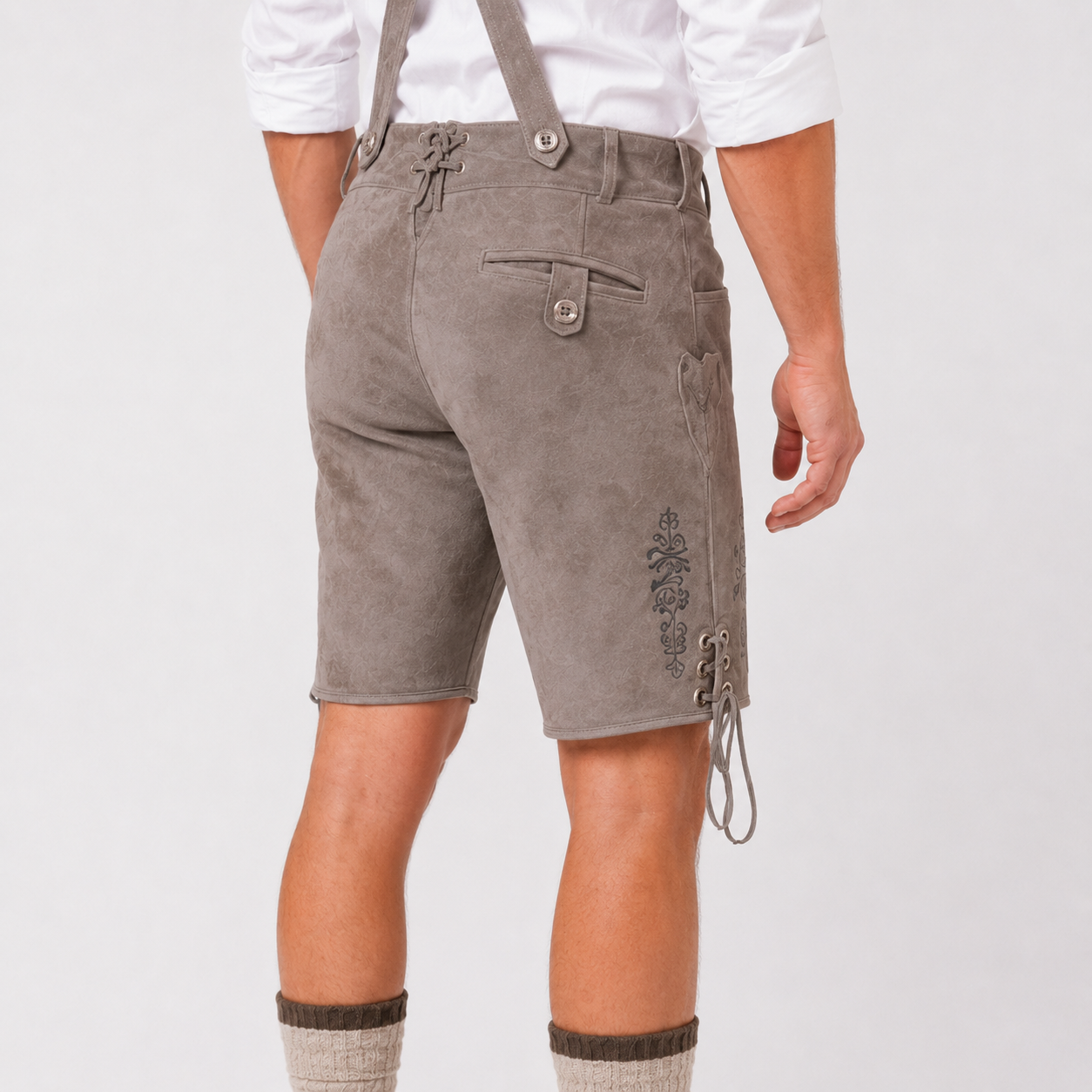 Oak Leaf Embroidered Men's Bavarian Lederhosen - Grey - Side Lacing - image 8