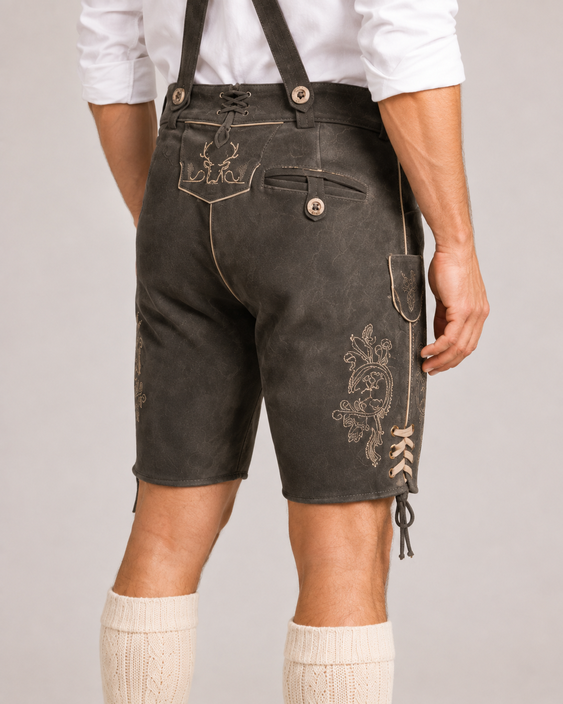 Stag Embroidered Men's Bavarian Lederhosen - Grey - Side Lacing - image 8
