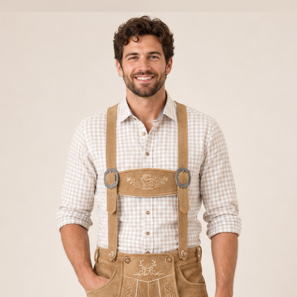 Men's Beige Bavarian Lederhosen Suspenders – Edelweiss Embroidered Trachten Braces
