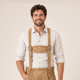 Men's Beige Bavarian Lederhosen Suspenders – Edelweiss Embroidered Trachten Braces