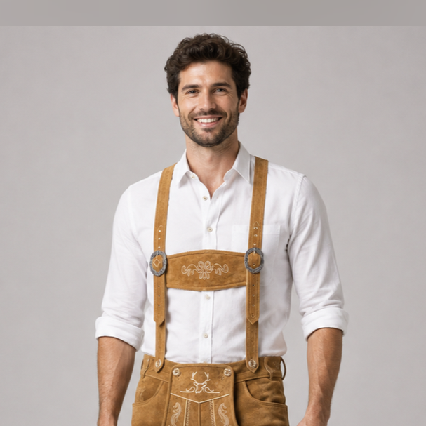 Men's Beige Bavarian Lederhosen Suspenders – Oak Leaf Embroidered Trachten Braces