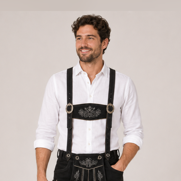 Men's Black Bavarian Lederhosen Suspenders – Oak Leaf Embroidered Trachten Braces