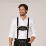 Men's Black Bavarian Lederhosen Suspenders – Oak Leaf Embroidered Trachten Braces