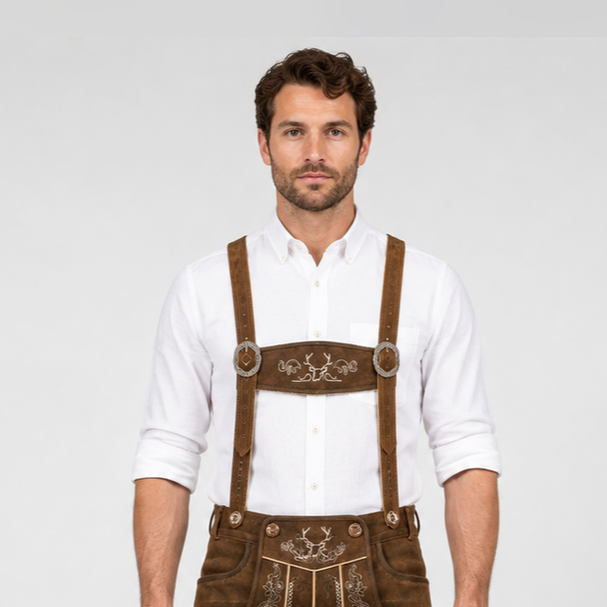 Men's Brown Bavarian Lederhosen Suspenders – Oak Leaf Embroidered Trachten Braces