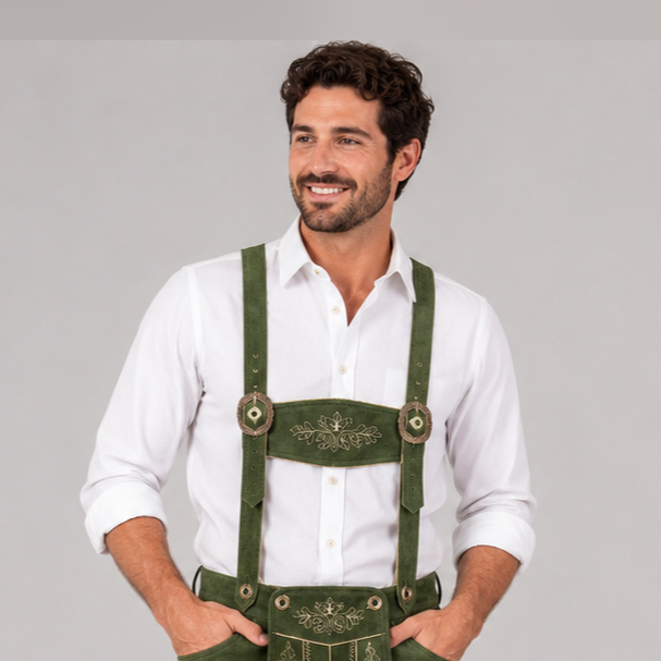 Men's Green Bavarian Lederhosen Suspenders – Oak Leaf Embroidered Trachten Braces