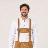 Men's Beige Bavarian Lederhosen Suspenders – Stag Embroidered Trachten Braces