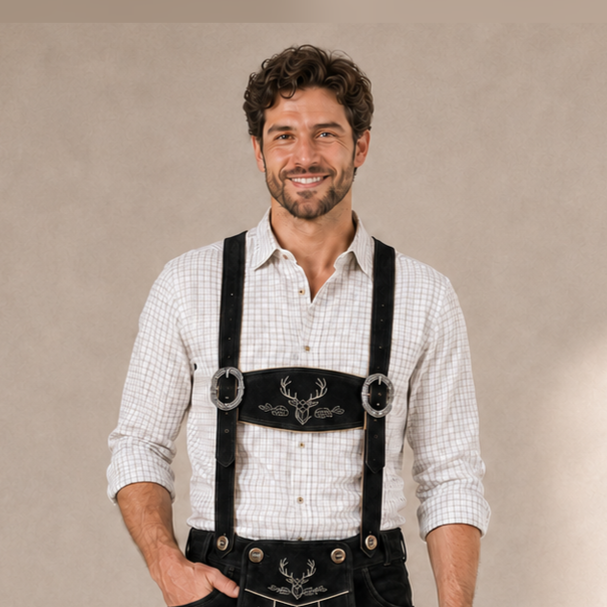 Men's Black Bavarian Lederhosen Suspenders – Stag Embroidered Trachten Braces
