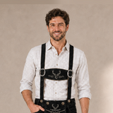 Men's Black Bavarian Lederhosen Suspenders – Stag Embroidered Trachten Braces