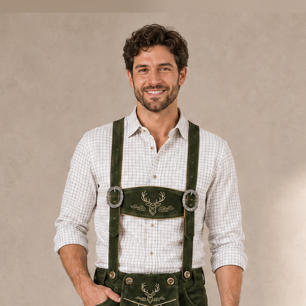 Men's Green Bavarian Lederhosen Suspenders – Stag Embroidered Trachten Braces