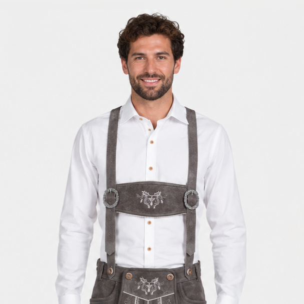 Men's Grey Bavarian Lederhosen Suspenders – Stag Embroidered Trachten Braces