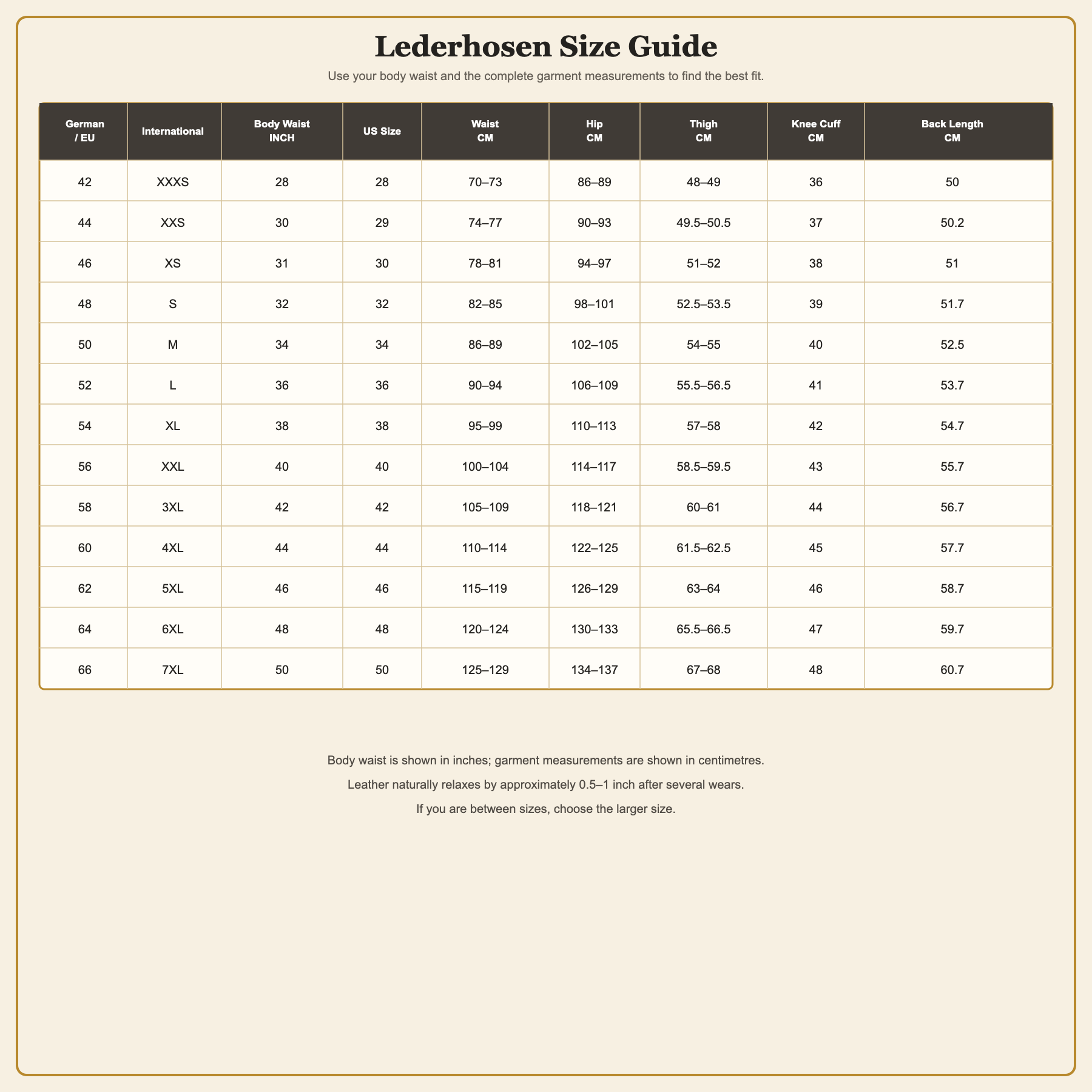Complete Lederhosen size guide with EU and US conversions and garment measurements