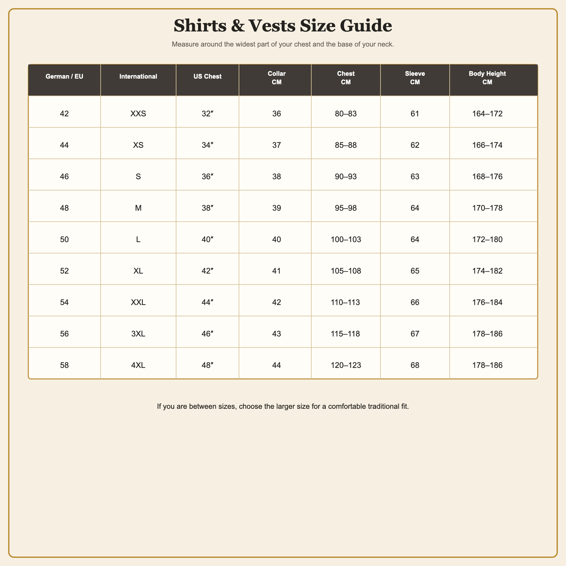 Shirts and vests size guide with EU, international and US conversions