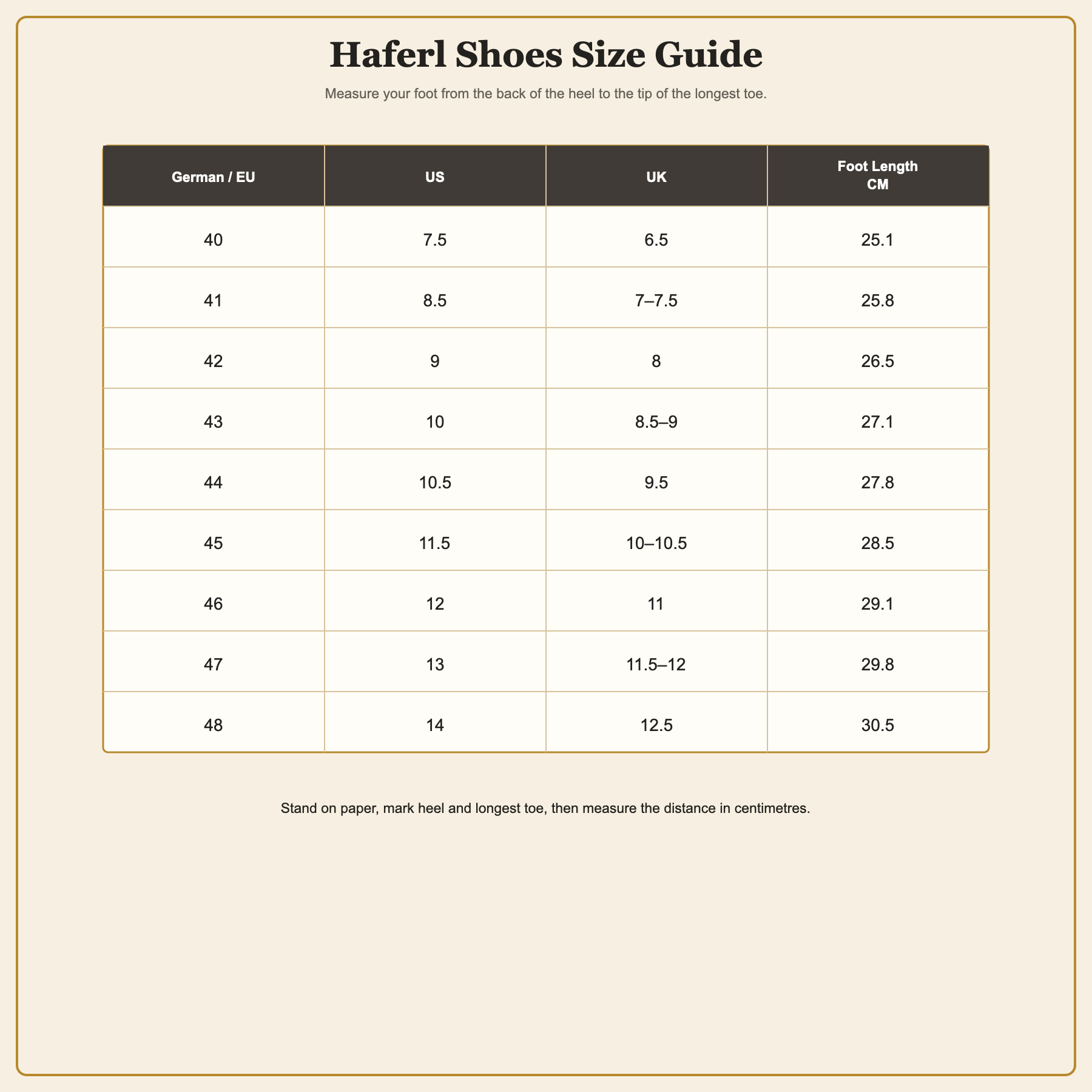 Haferl shoes size guide with EU, US, UK and foot length conversions