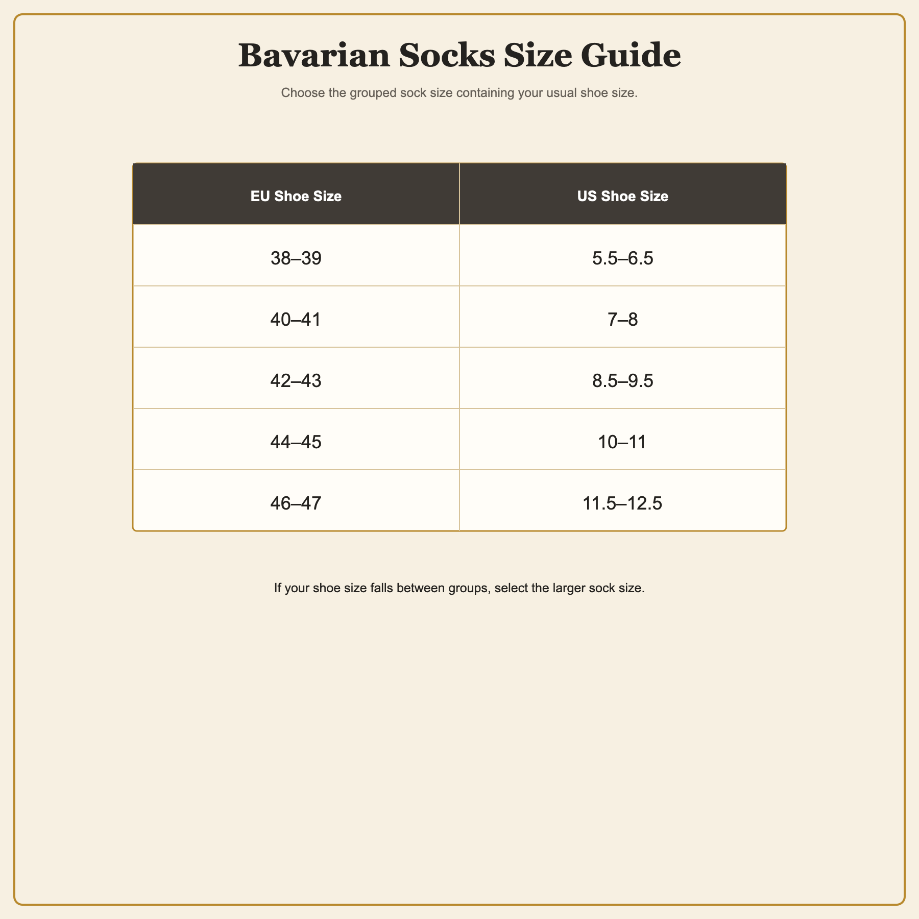 Bavarian socks size guide with EU and US shoe size conversions